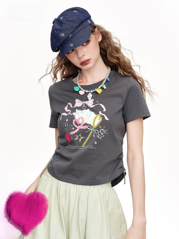 Slimming Effect Knot Dream Dopaamine Folded Print Short Sleeve Women Summer T-Shirt Elf Sack Fairy Pocket Casual Co...