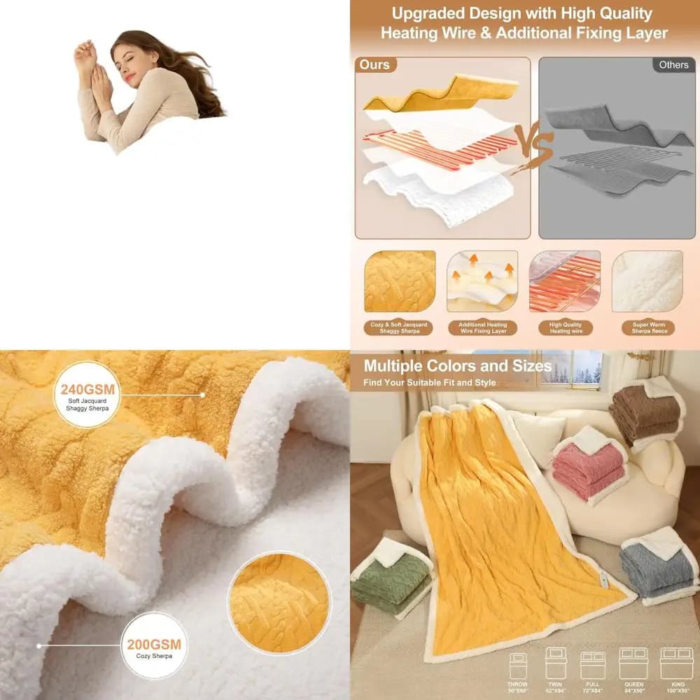 Coperta elettrica Sherpa gialla 72x84 a grandezza naturale - 6 livelli di riscaldamento, timer da 10 ore, protezione da surriscaldamento