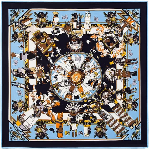 Maitong Silk Scarf 130cmx130cm Hopi Myth Doll Embroidery Real Silk Twill Large Square Scarf Fashionable Accessory for All Ages