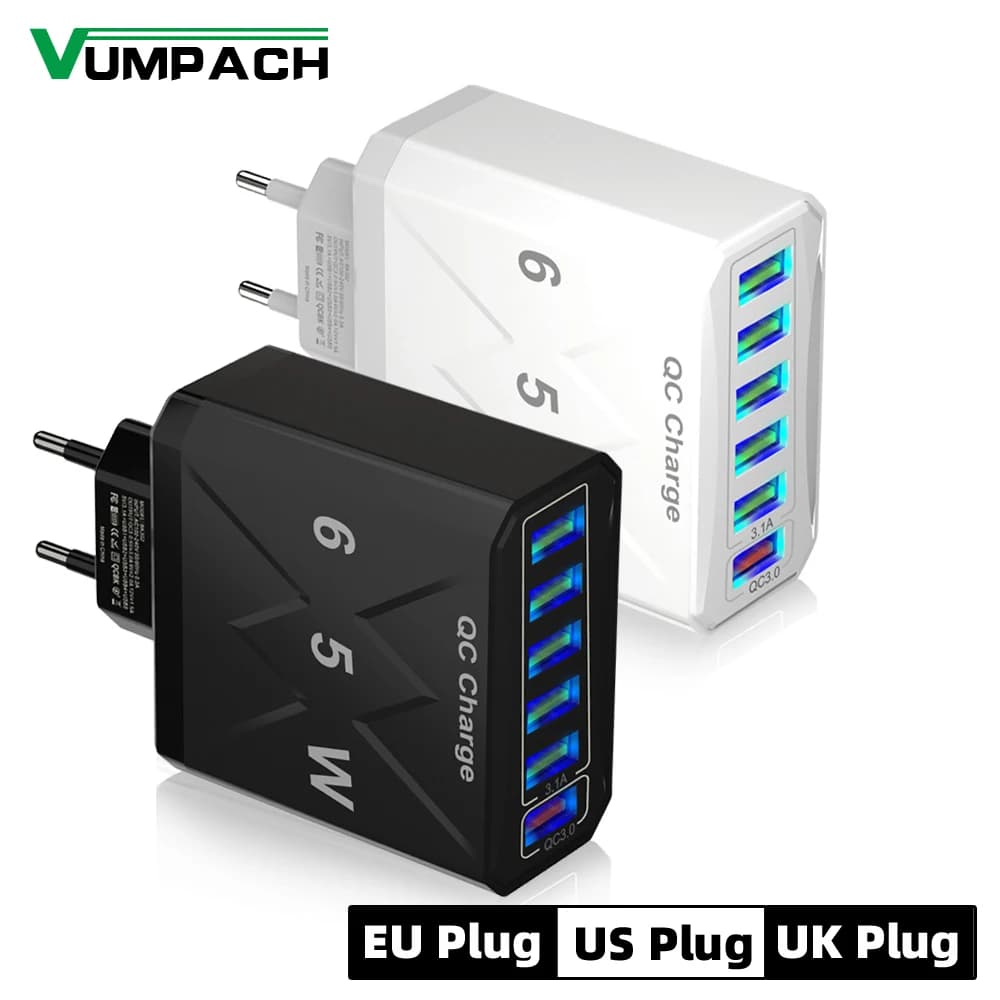 Caricatore Rapido Vumpach 6 Porte USB QC 3.0 per Cellulari, Adattatore da Viaggio EU US UK per iPhone 17 16 Pro Max Samsung Xiaomi