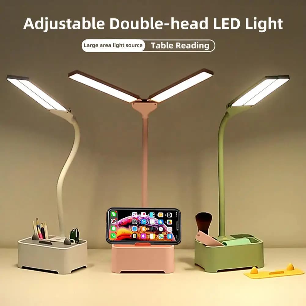 Supporto per telefono cellulare con lampada da tavolo protezione per gli occhi multiuso regolabile lettura da tavolo a doppia testa supporto per luce a LED supporto per telefono Holde
