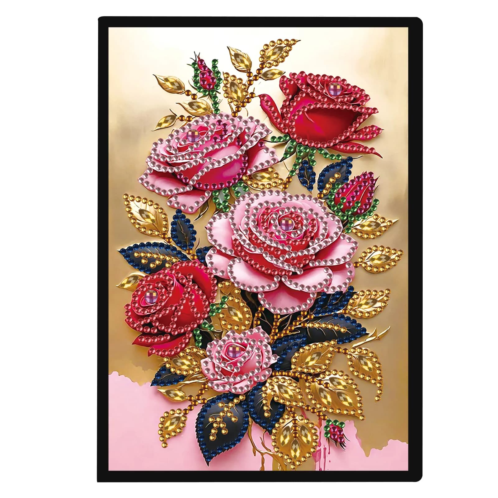 5D DIY Special Shape Diamond Art Painting Notebook Sketchbook, Rhinestone Art Hand Craft Kit Office Product (Pink Rose Bouquet)