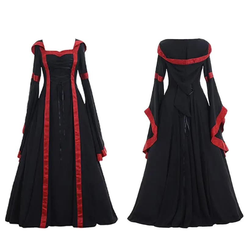 Abiti da Donna Medievali Gotici per Cosplay, Vestiti Vittoriani Steampunk con Cappuccio, Costumi di Carnevale Lunghi da Nobildonna con Campana