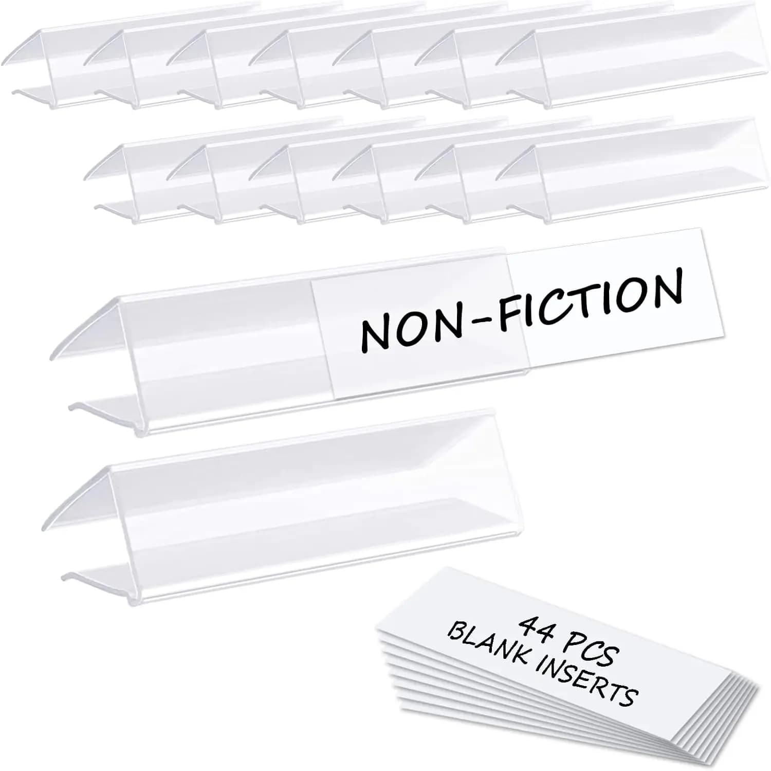 44 portaetichette trasparenti con inserti, adatti a scaffali con spessore da 5/8'' a 3/4'' per una facile organizzazione