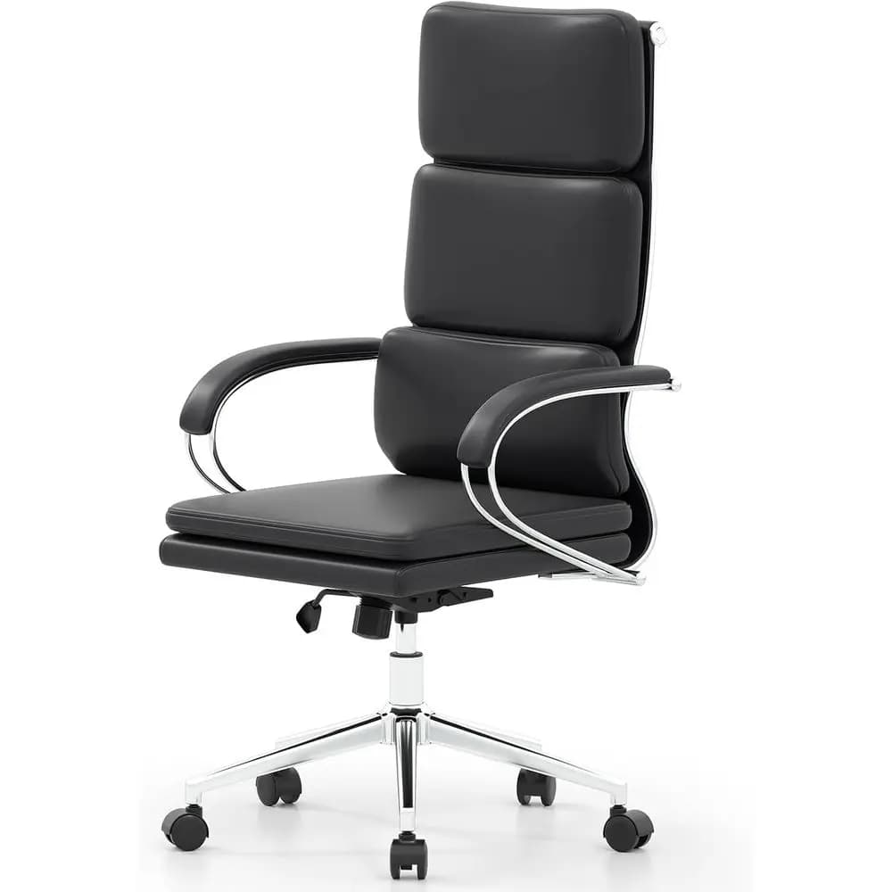 Sedia da Ufficio Ergonomica in Pelle con Schienale Alto, Altezza Regolabile, Funzione Dondolo, Supporto Lombare, Seduta Imbottita e Braccioli Imbottiti