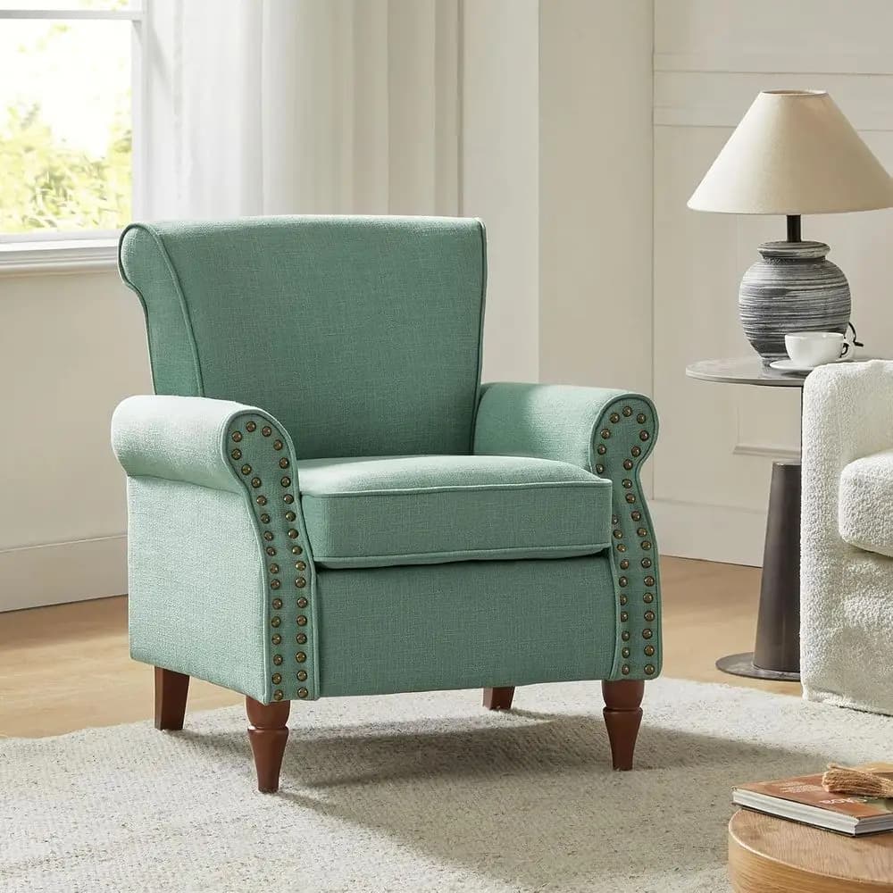 Poltrona Accent con gambe in legno e cuscino rimovibile, Poltrona Wingback con finiture a chiodi, Comoda poltrona imbottita, Poltrona singola