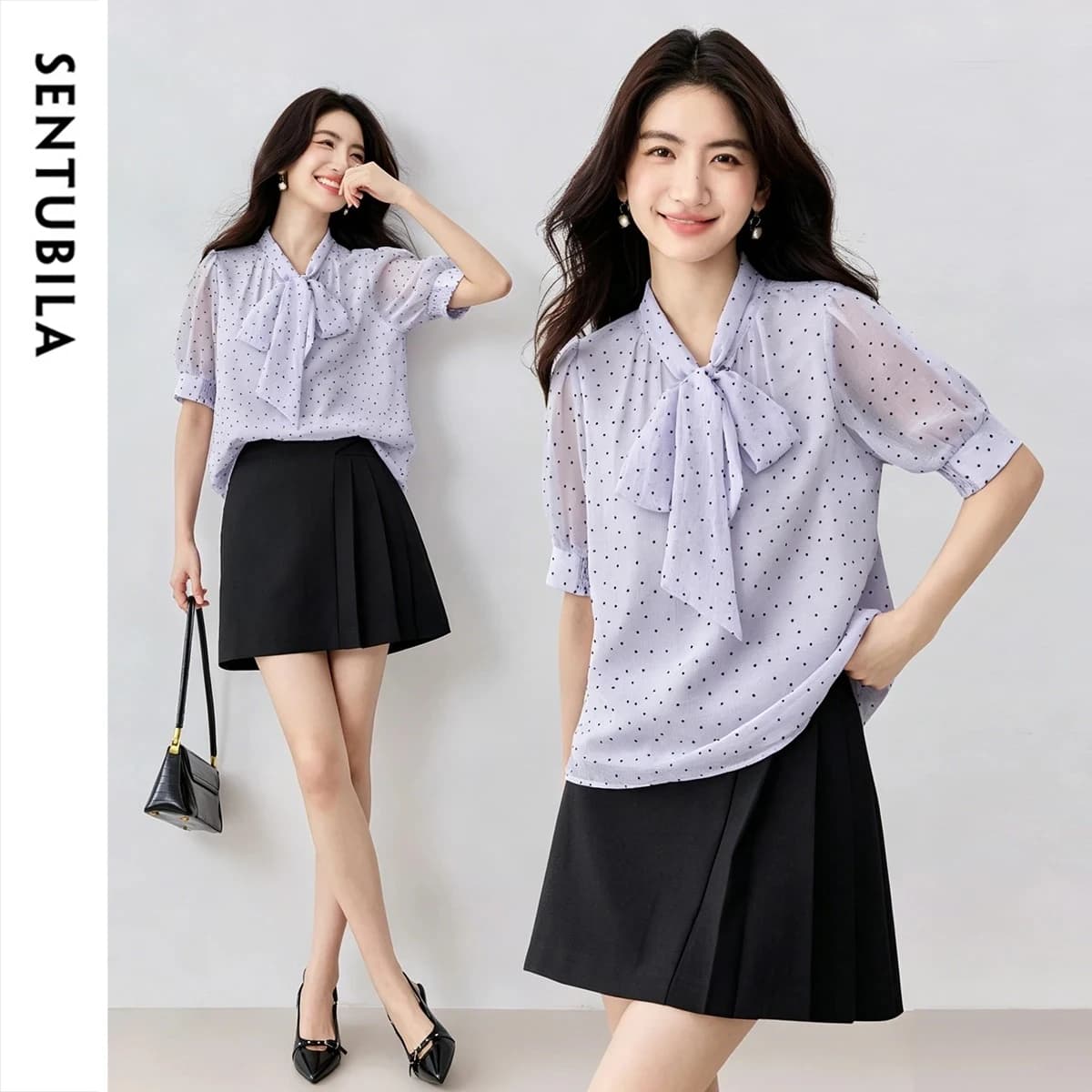 SENTUBILA Women's French Elegant Tie Neck Blouse 2026 Summer Polka Dot Print Lightweight Short Sleeve Chiffon Shirt 152V80377