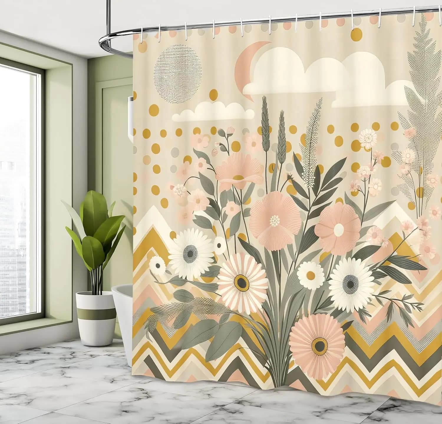 Tenda da doccia floreale con eucalipto, fiori tesori primaverili e zigzag Chevron Boho Nordic, bagno in tessuto di stoffa