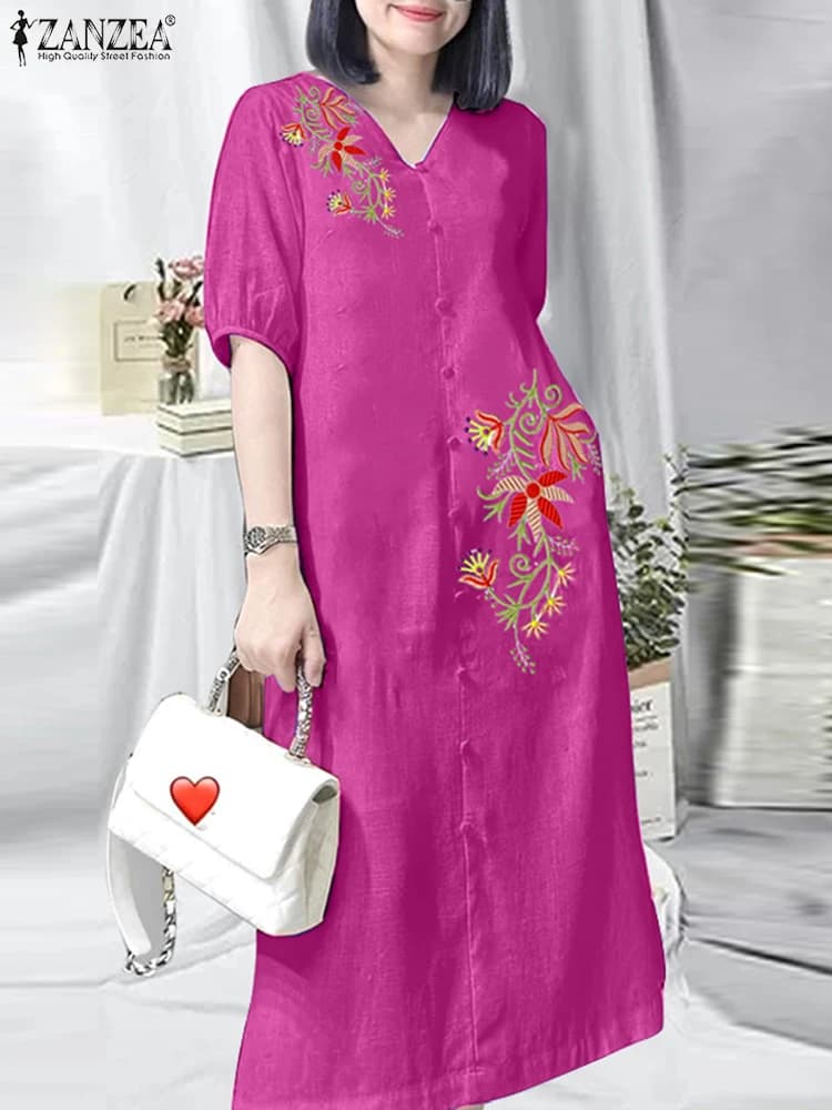 ZANZEA Abito longuette da donna casual per le vacanze Ricamo floreale vintage Abiti a trapezio allentati 2025 Abiti estivi con maniche a sbuffo con scollo a V