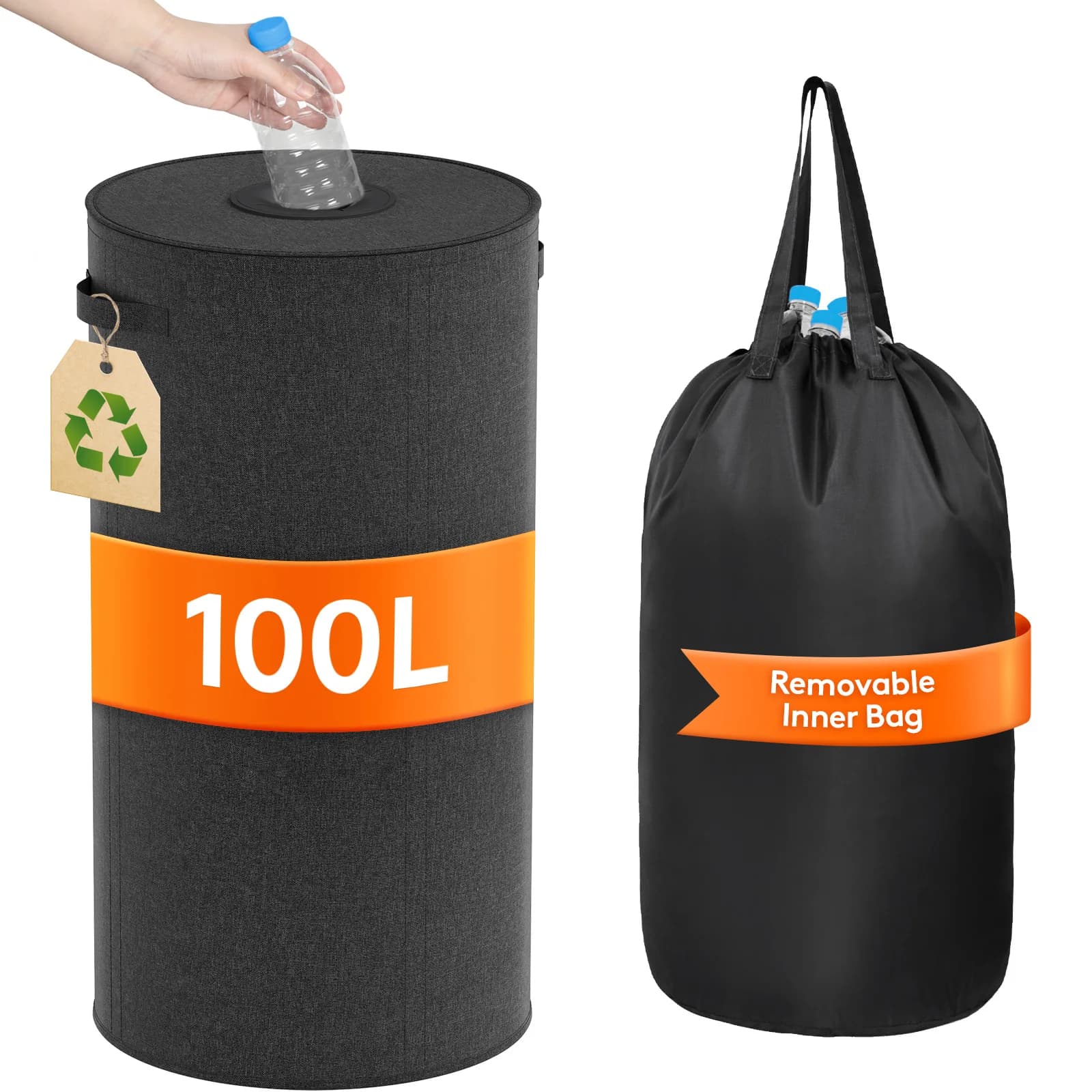 Contenitore per riciclaggio rotondo da 100 litri per cucina, casa interna, grande contenitore per riciclo da 26 galloni con coperchio e borsa interna riutilizzabile