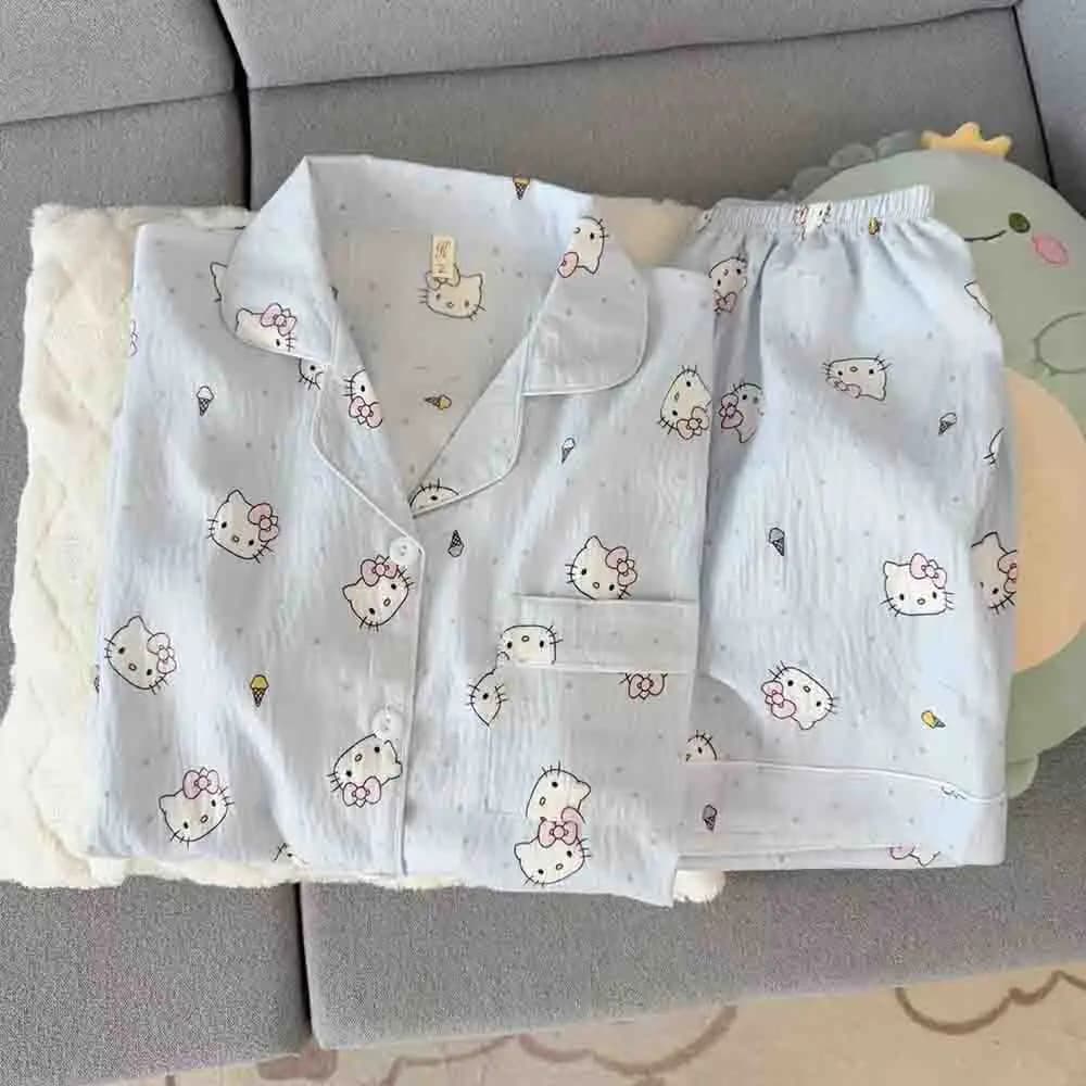 Sanrios Hello Kitties Summer Pajama Set Short Sleeve Shorts Home Clothes Loose Multi Functional Thin Casual Simple Cartoon Print
