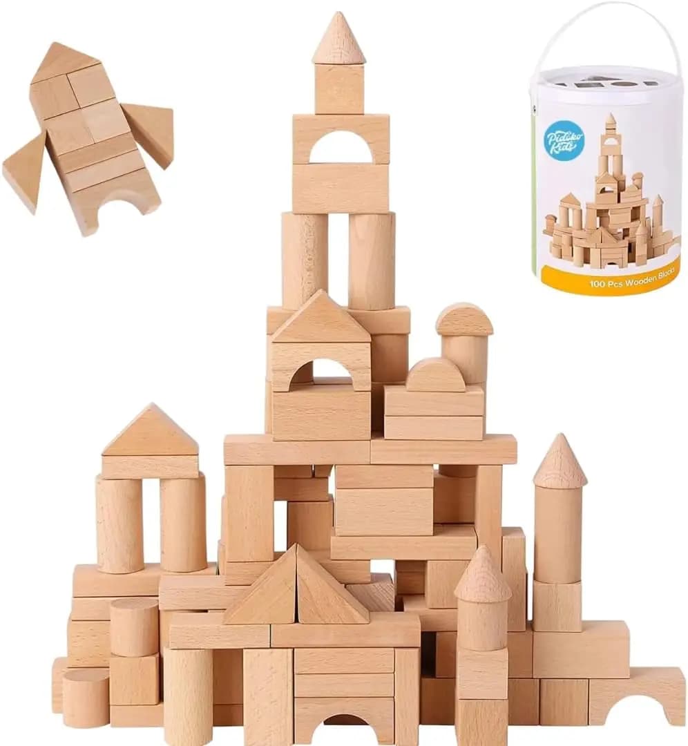 Set di 100 Blocchi di Costruzione in Legno Naturale per Bambini con Contenitore e Coperchio con Classificatore di Forme