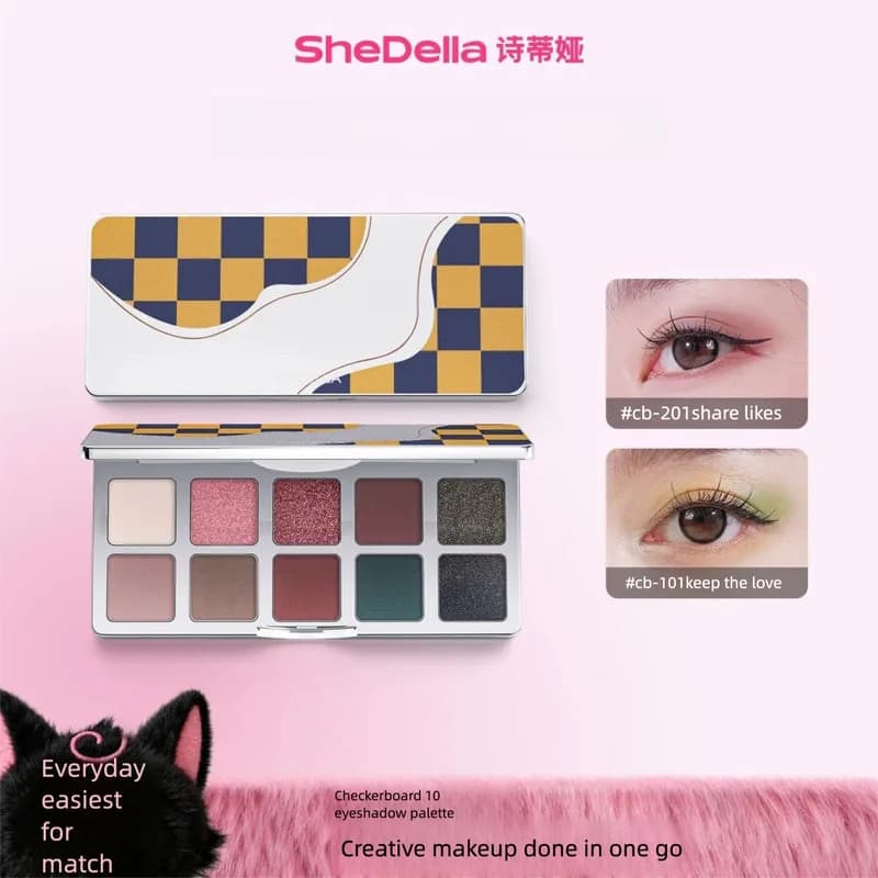 SHEDELLA Chessboard Ten-Color Eyeshadow Palette - Trucco colorato, effetto smoky opaco, conveniente per studenti, opaco e brillante