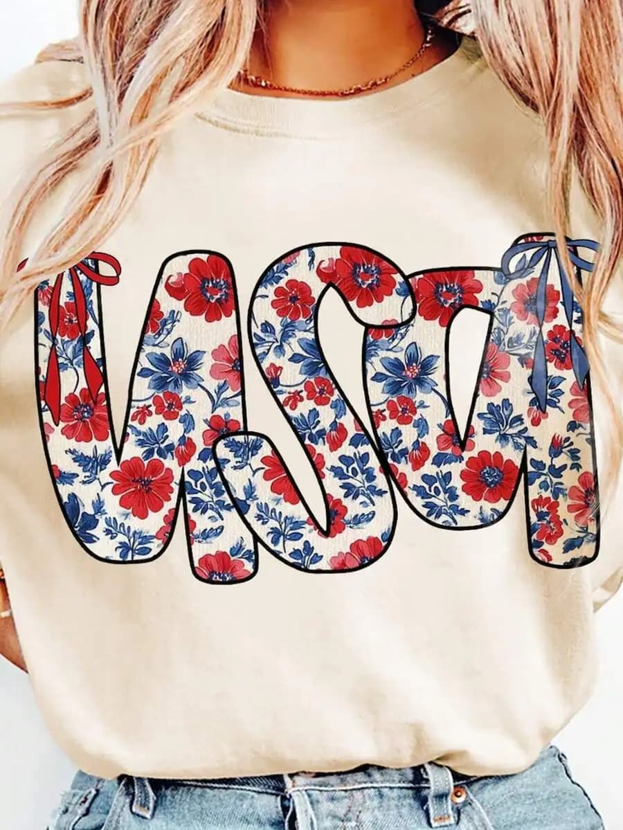 T-shirt casual da donna con fiocco floreale, stile boho, con grafica a lettere USA