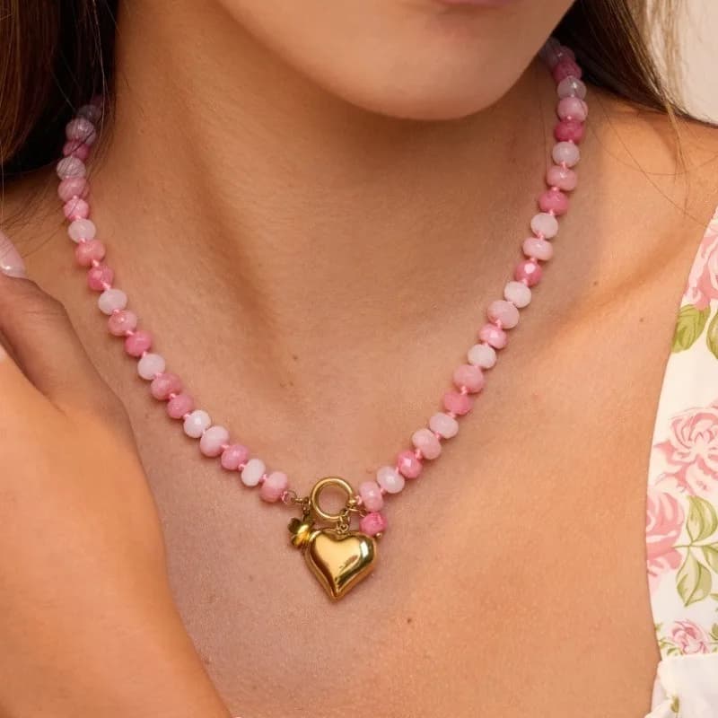 Collana con ciondolo a forma di cuore in oro 18 carati con pietra naturale Pomisia, catena in acciaio inossidabile, collana e bracciale in stile estivo dolce e carino.
