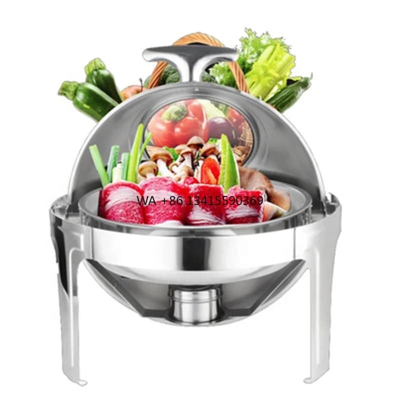 2025 Sfregamento a buffet in acciaio inossidabile a grandezza naturale da 6 litri, design rotondo, forniture per hotel e ristoranti per il riscaldamento di alimenti caldi