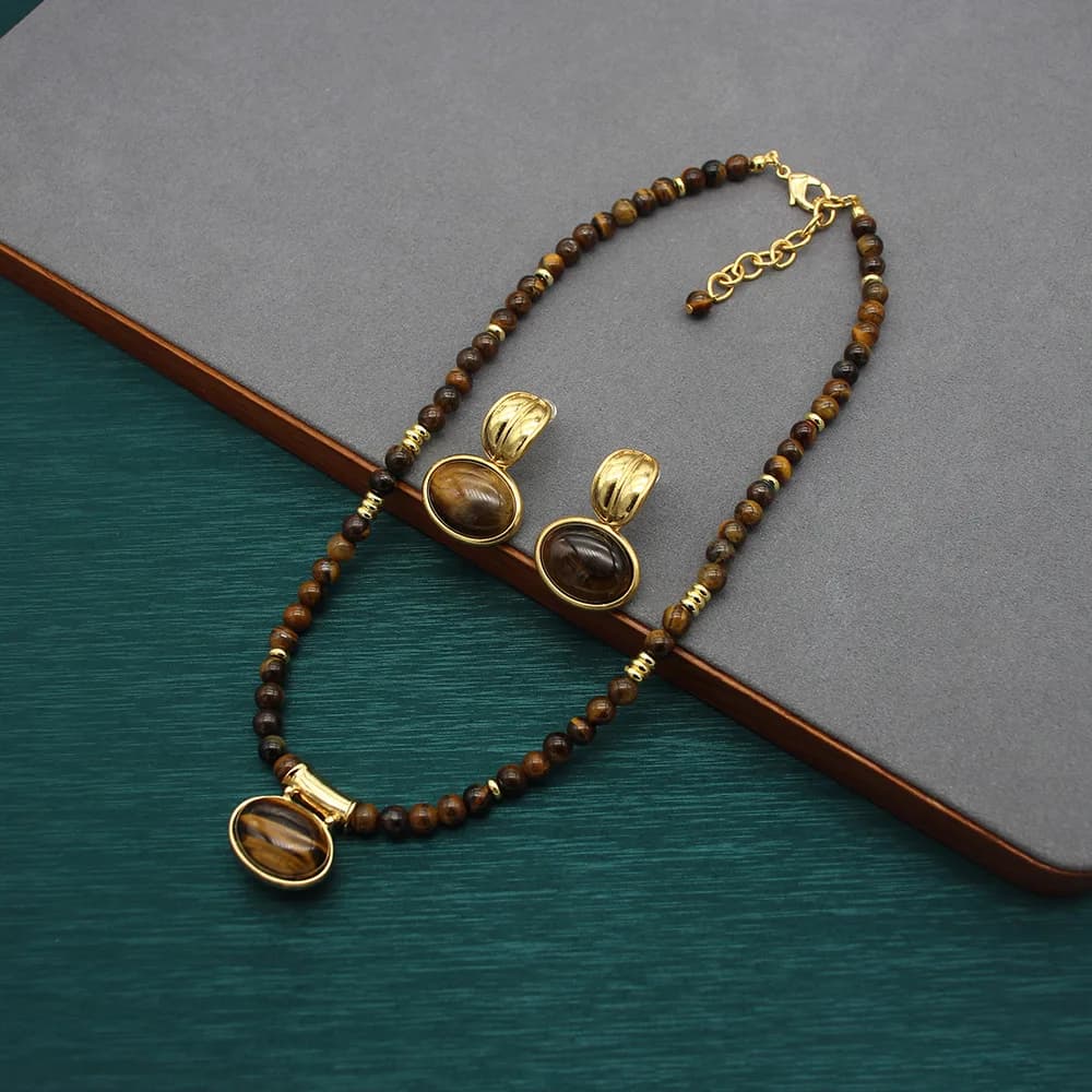 Niche Style Design Western Regions Jewelry Tiger Eye Stone Necklace Natural Stone Earrings Double-sided Clavicle Chain