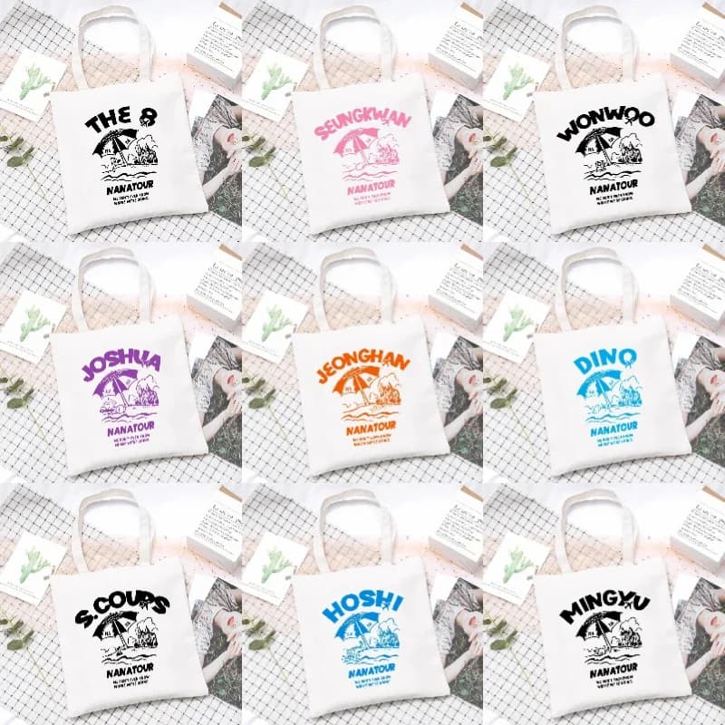 Borsa a tracolla Kpop Nanatour Borsa estiva semplice in tela con stampa di lettere bianche S.Coups Jeonghan Y2k Borsa da viaggio da donna Eco