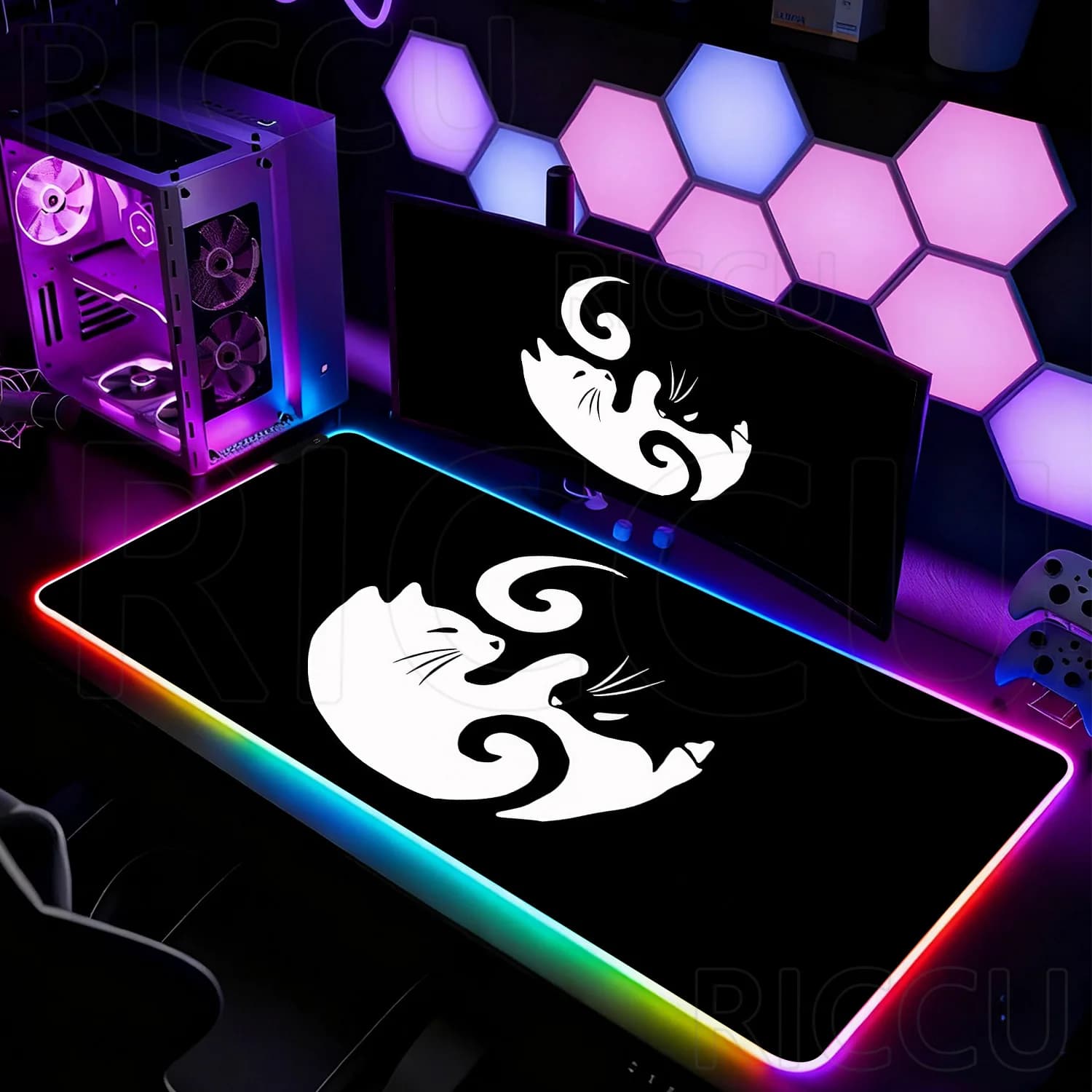 Tappetino per Mouse RGB HD con Gatto in Bianco e Nero, Grande Tappetino LED da Scrivania per Laptop, Ufficio, XXL, Accessori per Tastiera da Gaming PC 400x900mm