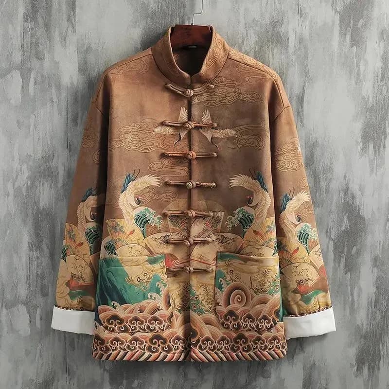 Primavera e autunno cinese Tang Costume da uomo giovanile stile gru Colletto in piedi Pan Fibbia stampata Hanfu Coatb;4.f'7;j,3'