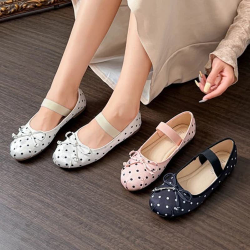 Polka Dot Satin Mary Janes Shoes for Women Round Toe Bow Tie Elegant Ballet Flats Shoes Ladies Slip on Casual Footwear Loafers