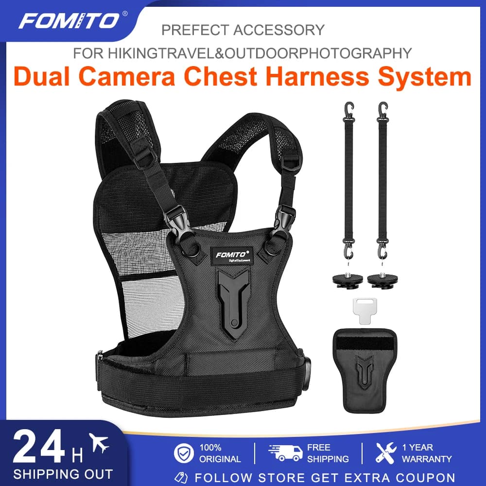 FOMITO Dual Camera Harness Multi Carrying Chest Vest System with Side Holster for Canon Nikon Sony Olympus DSLR Camera
