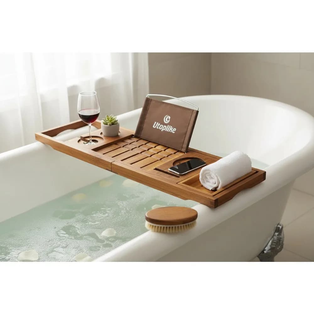 Vassoio portaoggetti regolabile per vasca da bagno in teak con supporto per bicchiere da vino per tablet, organizer da bagno di lusso per regali rilassanti