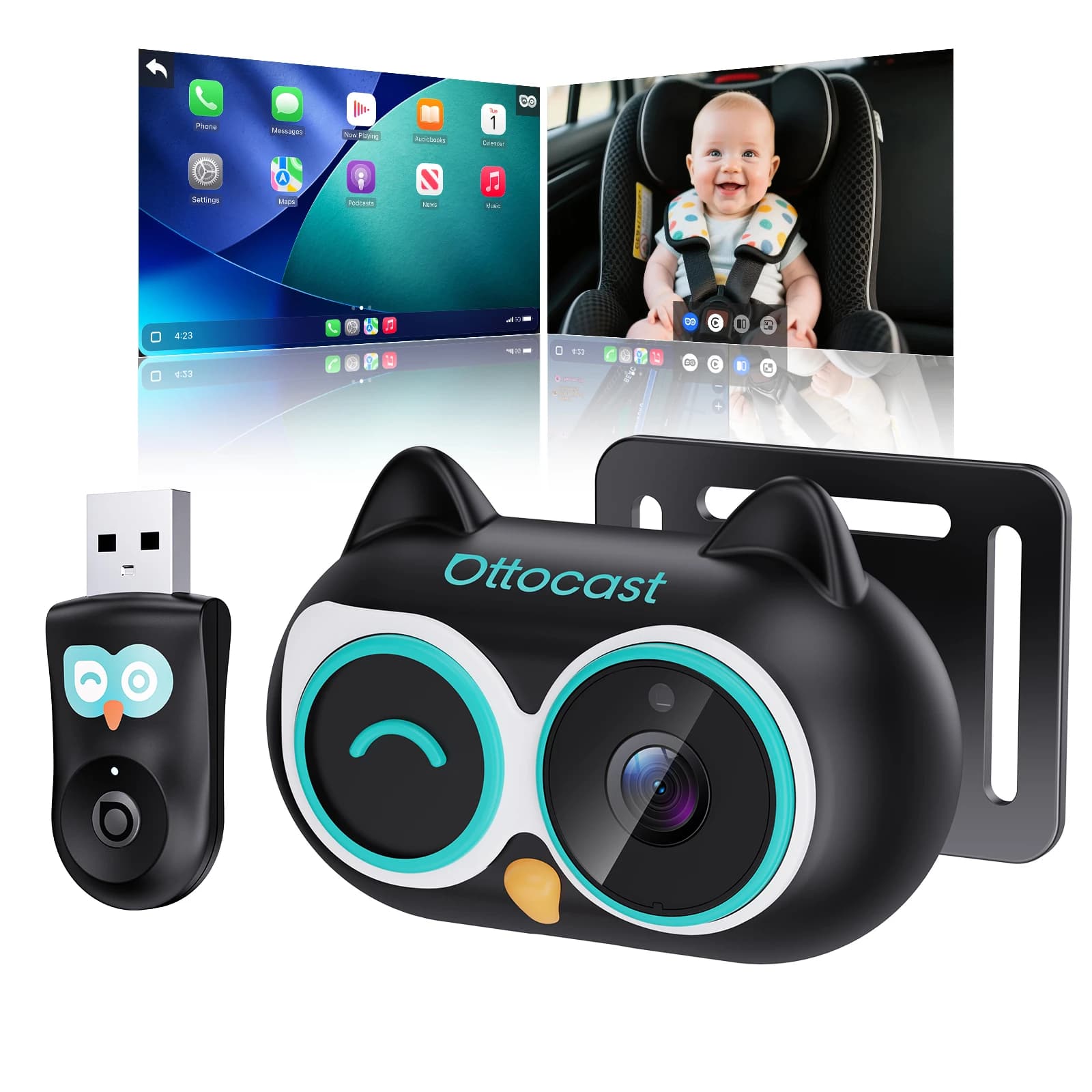 Adattatore Wireless Ottocast Cabin Care CarPlay con Telecamera per Bambini sul Sedile Posteriore 1080P HD, Monitor per Auto con CarPlay Cablato di Fabbrica