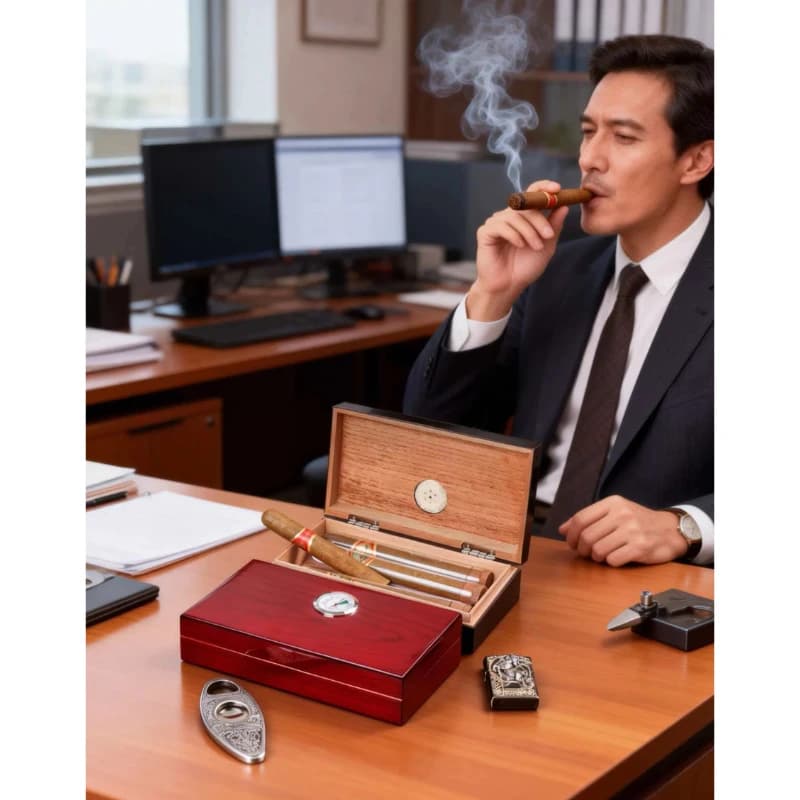 Set Regalo Classico in Legno per Sigari, Contiene 4 Sigari con Igrometro e Accessori