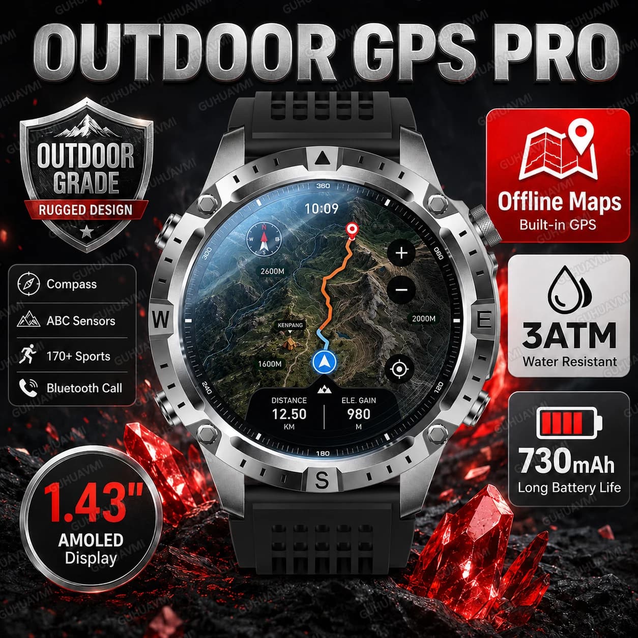 2026 New Outdoor GPS Pro Smart Watch Offline Maps 730mAh Battery 1.43 AMOLED 3ATM Waterproof ABC Sensors Bluetooth Call Mens Pro