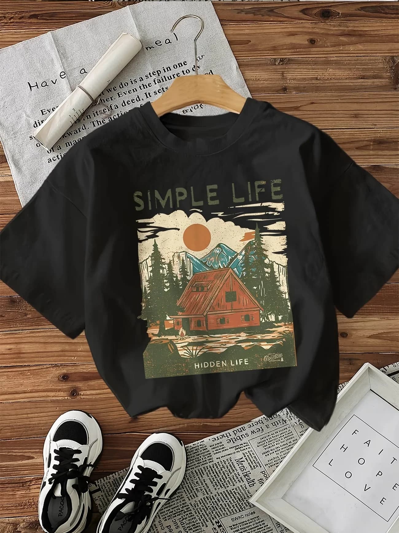 Simple Life Mountain Cabin Graphic T Shirt Men Women Summer Short Sleeve Casual Vintage Nature Hidden Life Outdoor Unisex Tops