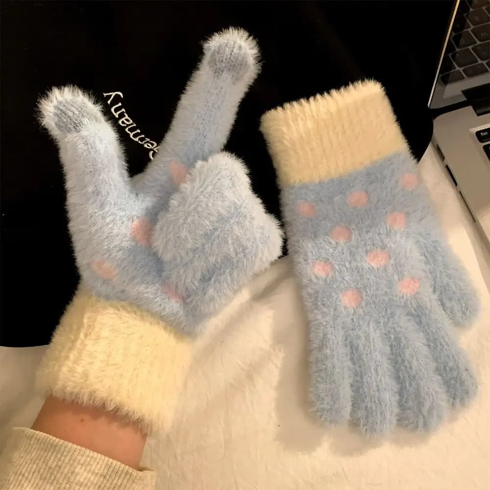 Cute Furry Knitted Gloves Polka Dot Wool Knit Five-Finger Gloves Touchscreen Thickened Warm Gloves Commute