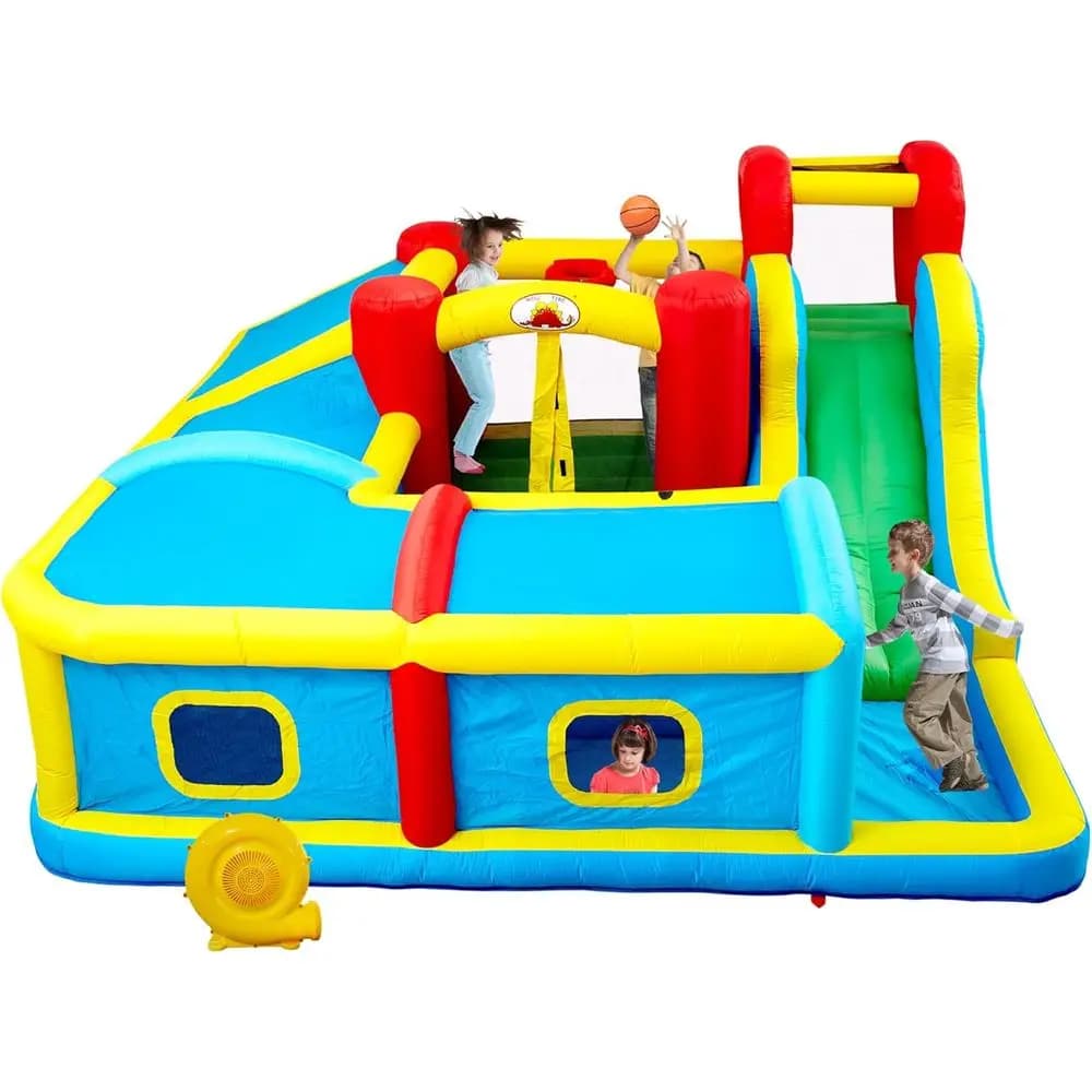 WELLUNTIME Inflatable House with Slide, Inflatable Castle with Fan and Wave Pool, Basketball Basket, Tunnel Long