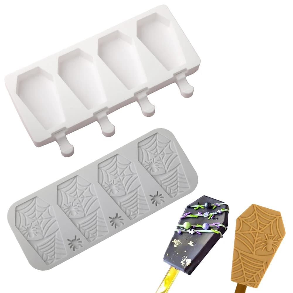 Stampo per ghiaccioli in silicone a forma di bara di Halloween a 4 celle, texture ragnatela, patatine di cioccolato, tappetino in pizzo, stampo in silicone artigianale per zucchero