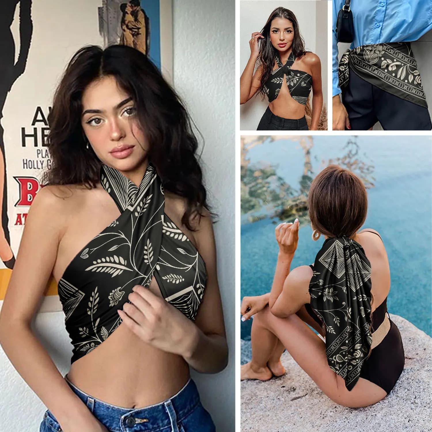 0823 women's floral satin square scarf - soft silk-like texture, versatile headscarf, neckerchief, and turban