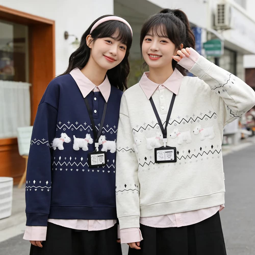 Felpa con cappuccio da donna stile preppy primavera 2026, effetto due pezzi, con ricamo cane soffice, abbinabile per amiche