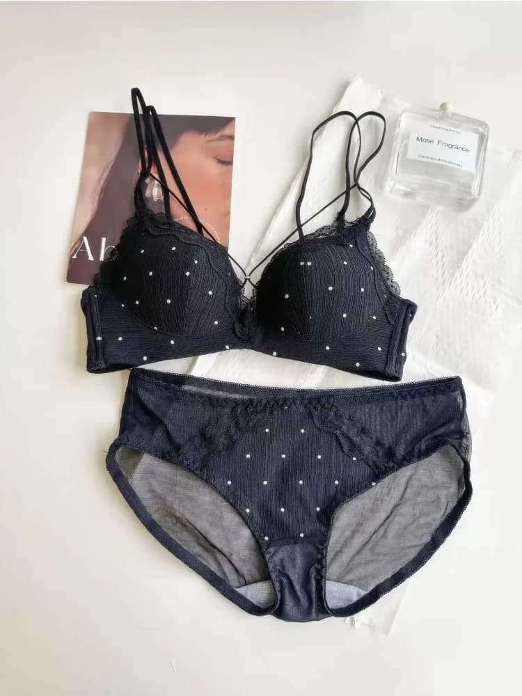 Completo reggiseno sexy a pois di tendenza, con spalline sottili e schiena scoperta, per valorizzare il seno piccolo, con supporto laterale e anti-cedimento