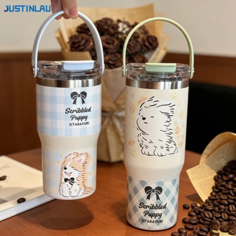 JUSTINLAU Tazza termica da 600/900 ml con cannuccia, in acciaio inossidabile, con animali dei cartoni animati, tazze isolate a doppio uso, mantiene caldo e freddo, tazza da auto