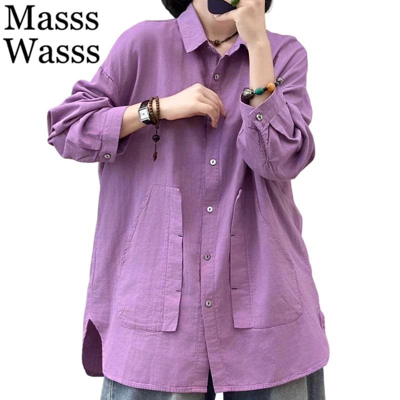 Masss Wasss 2025 Korean Ladies Fashion Autumn Casual Shirts Solid Cotton Tops Womens Loose Classic Elegant Long Sleeve Blouses