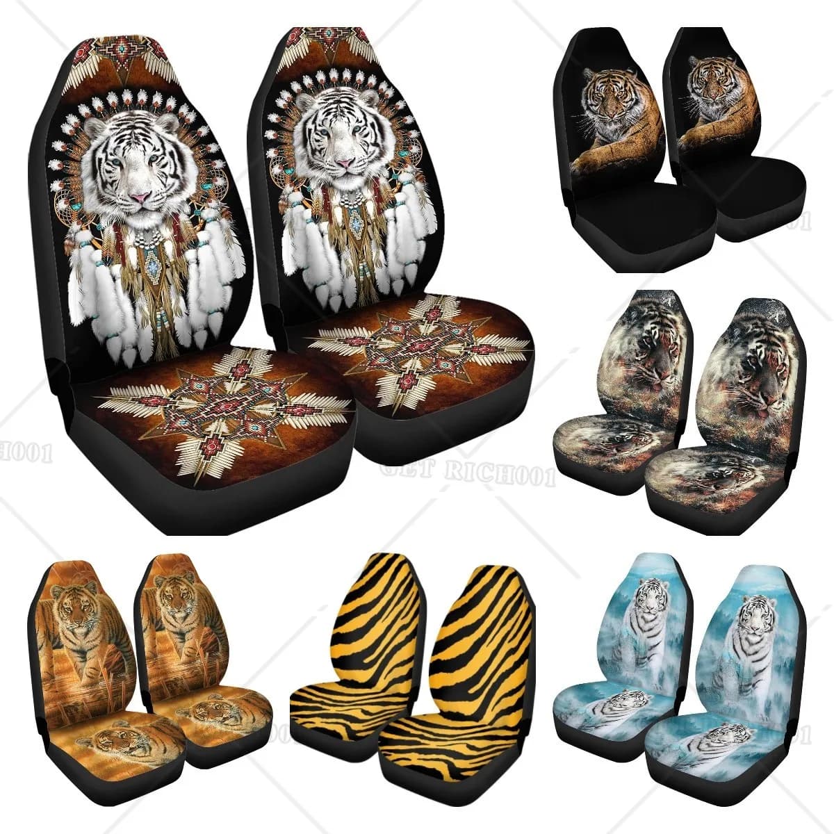 Seat Cover Sets 2 Pack White Tiger Dream Catcher Car Accessories Interior Decor for Men Durable Auto Elastic Front Seat Cover