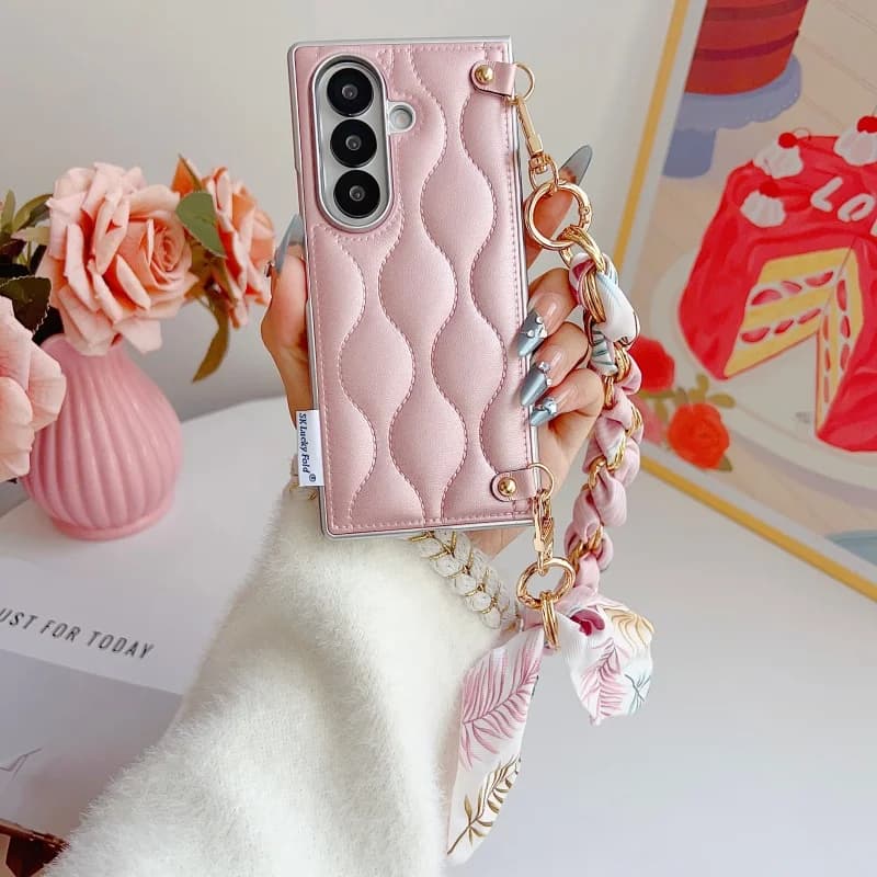 Leather phone case with luxury wave pattern for Samsung Galaxy Z Fold 7 6 5 Z Fold6 Fold7 Cover with chain silk scarf Capa