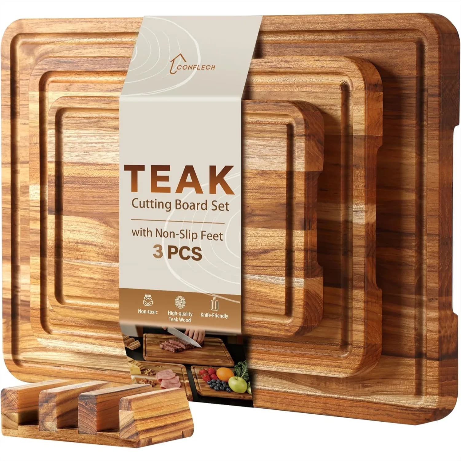 Set di 3 Taglieri in Teak per Cucina con Scanalatura per Succhi, Tagliere in Legno Resistente Non Tossico, Certificato FSC, 3 Dimensioni