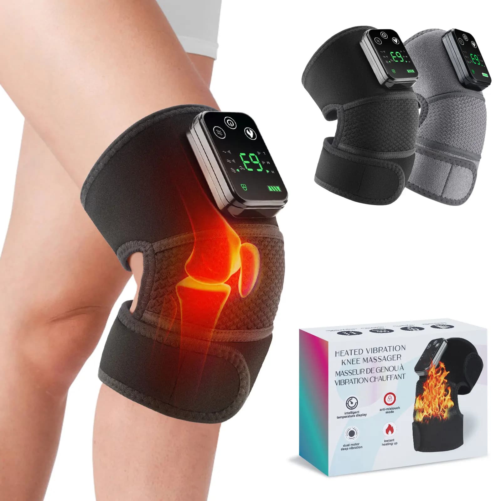 Massaggiatore Elettrico 3-in-1 per Spalla, Ginocchio e Gomito con Riscaldamento e Vibrazione a 3 Livelli, Cuscinetto Termico per Rilassamento Muscolare