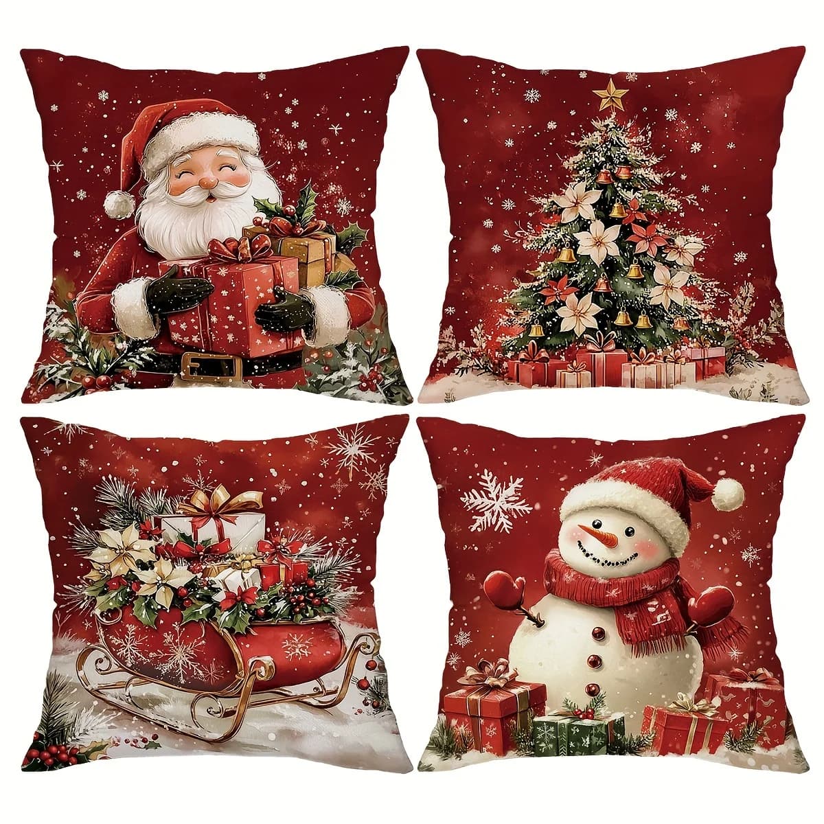 4pcs Festive Christmas Throw Pillow Covers 18x18 Inch, Zipper Closure, Retro Santa Snowman Designs with Gift Boxes and Wreaths
