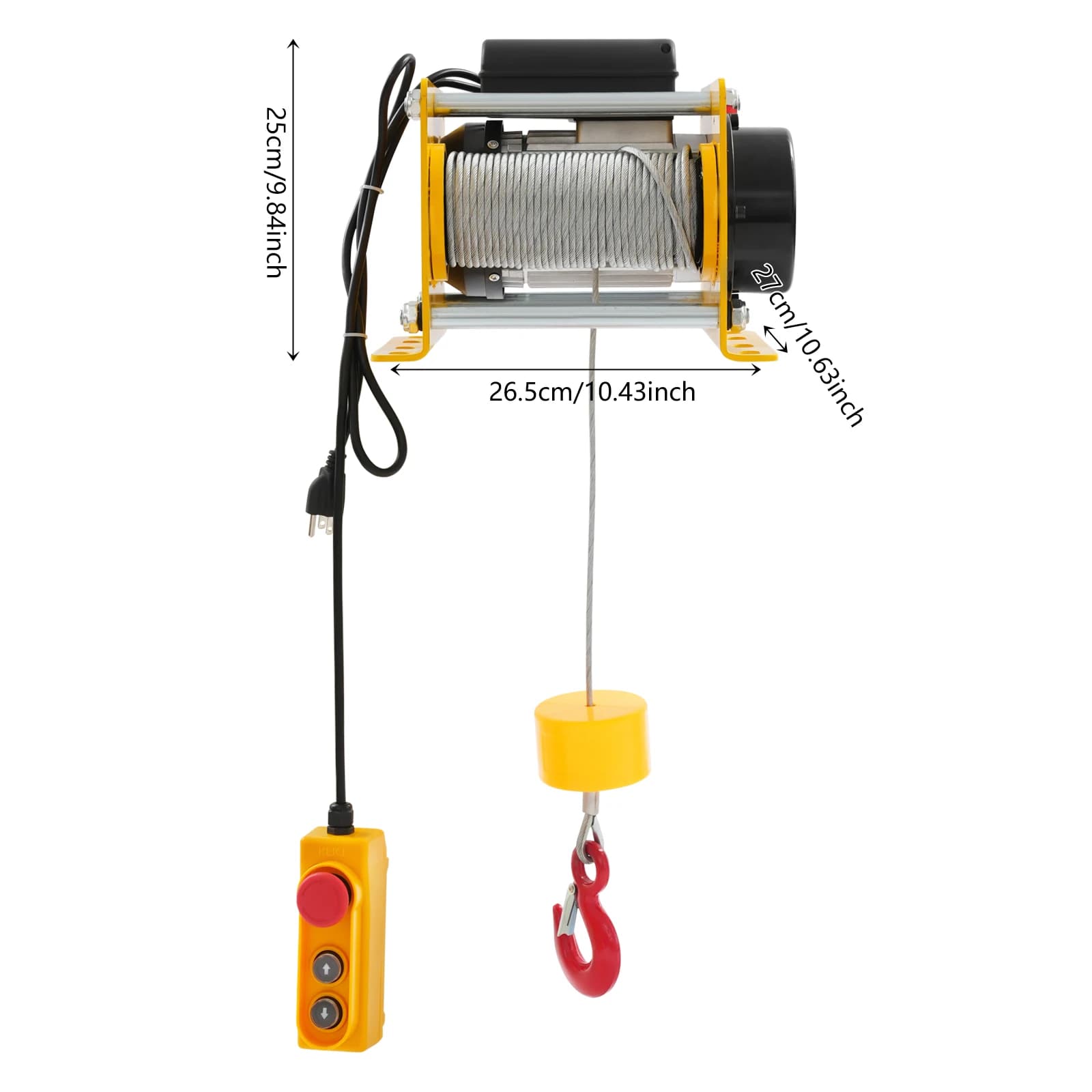 Verricello elettrico giallo 110 V/ 60 Hz 400 kg/ 881 libbre con controllo cablato, paranco elettrico 881 libbre con lungo fune metallica in acciaio