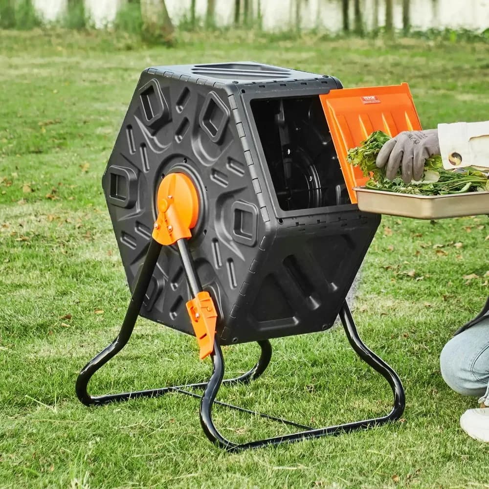 18.5 Gallon Rotating Compost Tumbler Bin BPA Free Material With Sliding Access Door Black Orange Outdoor Garden Composting Container For Yard Backyard Fertilizer Making