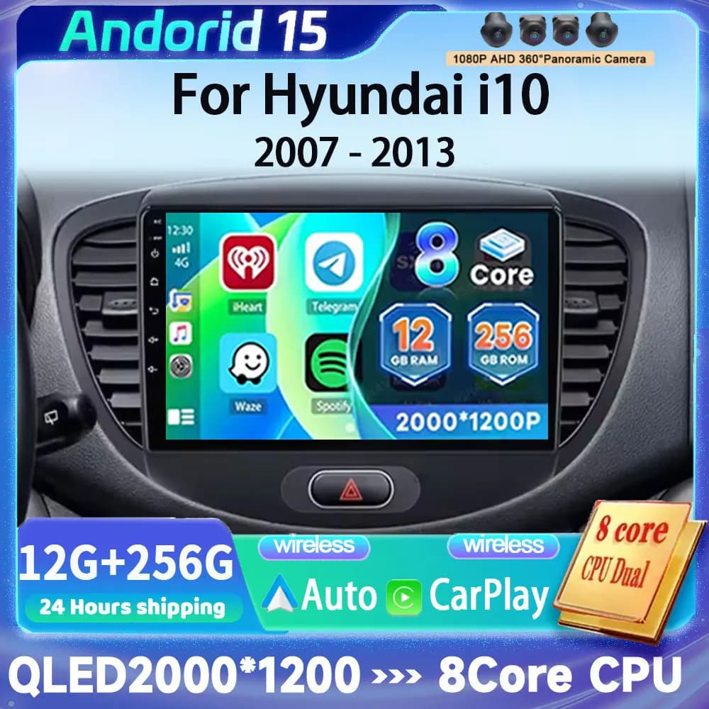 Android 15 Carplay Auto Per Hyundai i10 2007 2008 2009 2010 -2013 Multimedia Navigazione Autoradio Lettore WIFI + 4G 2DIN Stereo DSP