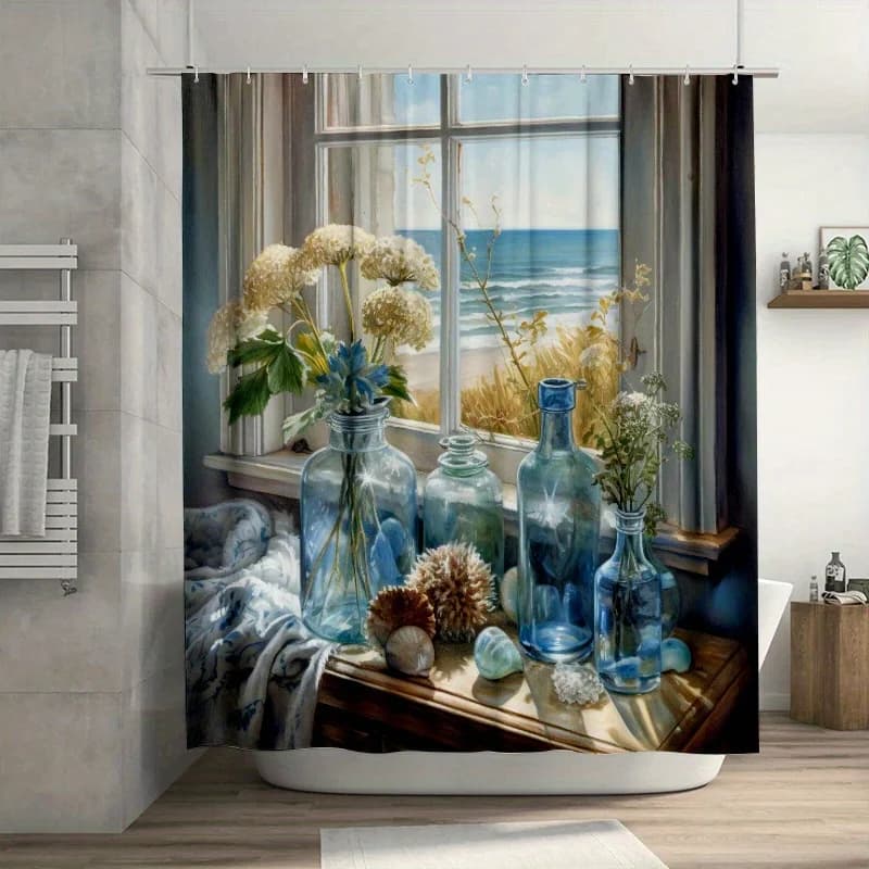 Tenda da doccia con vista sul mare, con conchiglie e tarassaci, in poliestere resistente, facile da pulire, decorazione per il bagno con scena oceanica