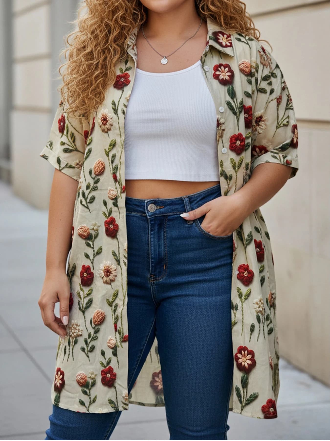 Plus Size Women's Longline Oversized Shirt 3D Embroidery Print Floral Pattern Half-Sleeve Loose Button-Front Tunic Cardigan