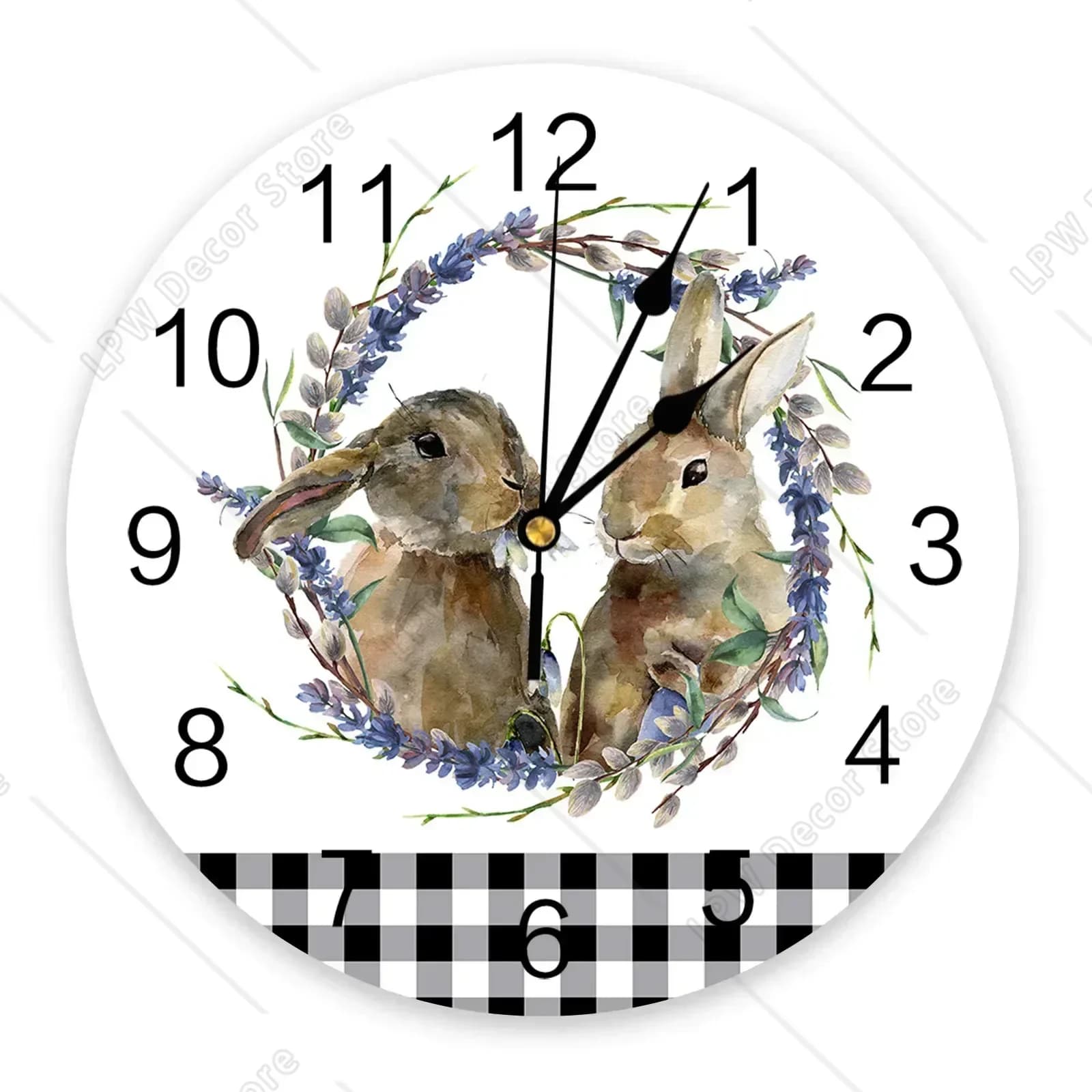 Orologio da Parete Grande con Coniglio Pasquale e Fiori, Lavanda, Quadretti Bianchi, Silenzioso, per Cameretta Bambini, Ufficio, Decorazione, 10 Pollici, Regalo